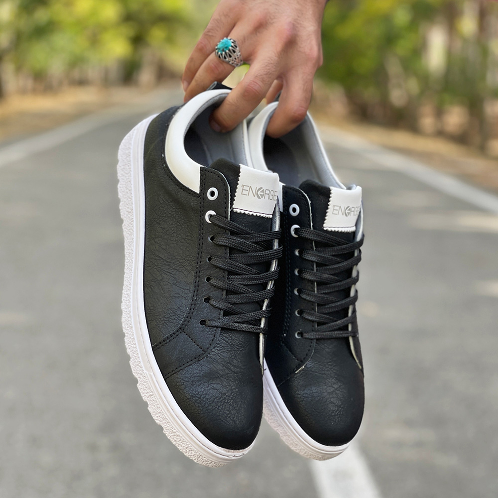 کفش ونس مردانه چرم رنگ مشکی دور دوخت و رویه چرم کد 9158